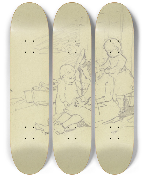 Triptych art skateboard deck of Jacob Happ Vier Kinder Vor Der Haustr by Jacob Happ (1861-1936)