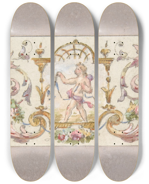 Triptych art skateboard deck of Julesedmondcharles Lachaise Design For A Ceiling With A Putto Set In A Border by Jules-Edmond-Charles Lachaise (1897)