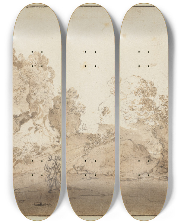 Triptych art skateboard deck of Bartholomeus Breenbergh Landscape Near Bracciano by Bartholomeus Breenbergh (1598-1657)