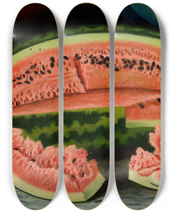 Triptych art skateboard deck of Julia Mcentee Dillon Watermelons by Julia Mcentee Dillon (1834-1918)