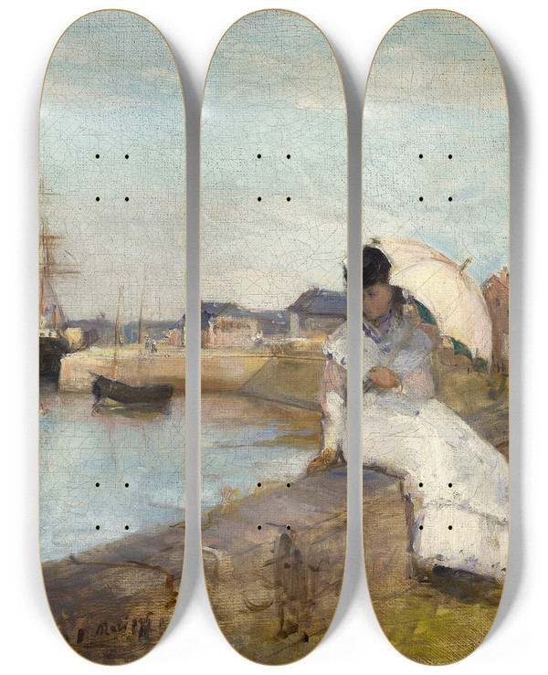 Triptych art skateboard deck of Berthe Morisot The Harbor At Lorient by Berthe Morisot (1841-1895)