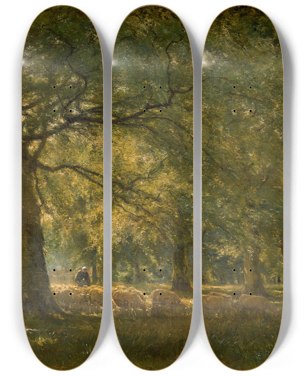 Triptych art skateboard deck of Franz Courtens Landscape With Sheep by Franz Courtens (1854-1943)