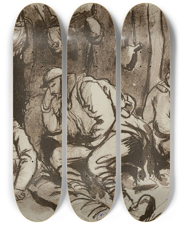 Triptych art skateboard deck of Georges Goursat Sem Intrieur De Tranche by Georges Goursat (Sem) (1863-1934)