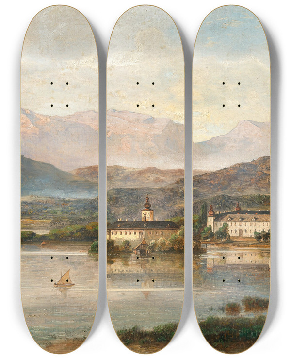 Triptych art skateboard deck of Adolf Obermllner Schloss Orth In Gmunden by Adolf Obermullner (1833-1898)