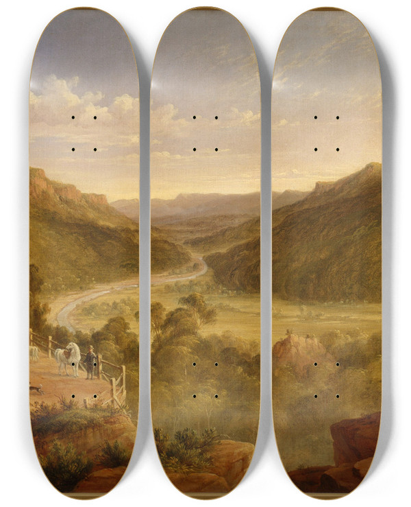 Triptych art skateboard deck of James Howe Carse Burragorang Valley Near Picton by James Howe Carse (1819-1900)