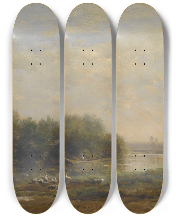 Triptych art skateboard deck of Charles Franois Daubigny On The Oise by Charles Francois Daubigny (1817-1878)