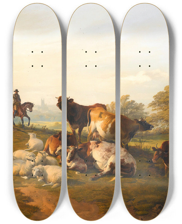 Triptych art skateboard deck of Thomas Sidney Cooper An Evening Repose by Thomas Sidney Cooper (1803-1902)
