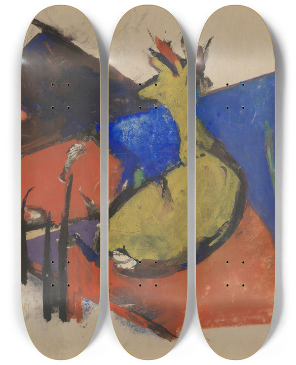 Triptych art skateboard deck of Franz Marc Two Deer Lying Down by Franz Marc (1880-1916)