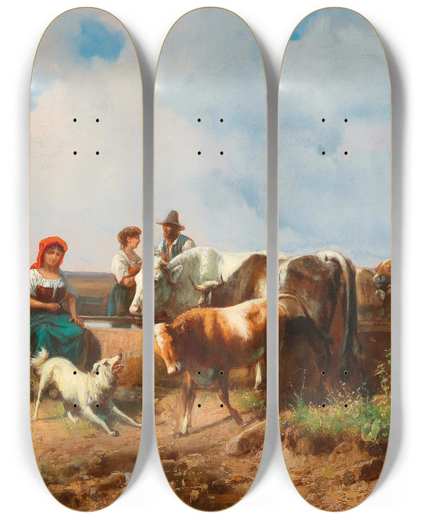 Triptych art skateboard deck of Andrs Mark At The Watering Place by Andras Marko (1824-1895)