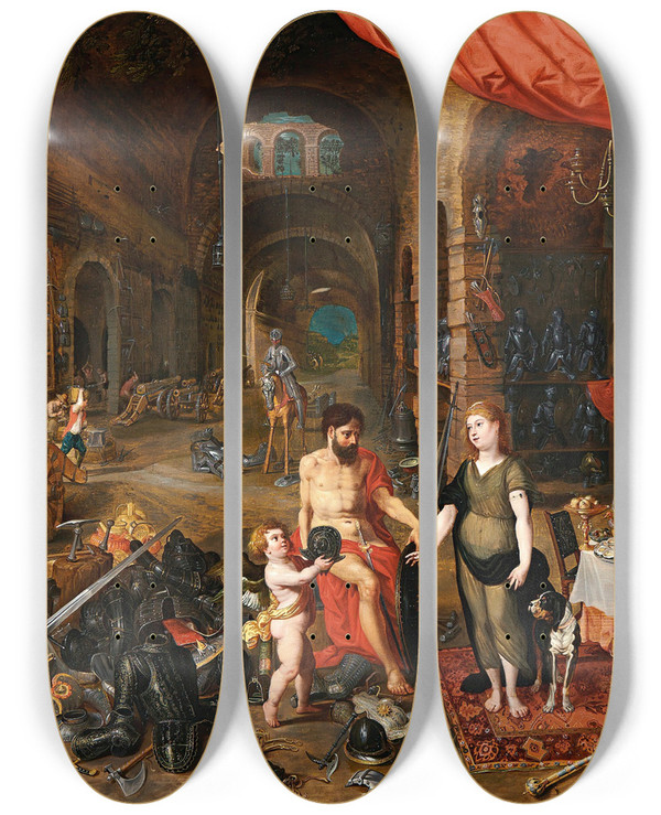 Triptych art skateboard deck of Jan Brueghel The Younger Venus At The Forge Of Vulcan by Jan Brueghel the Younger (1601-1678)