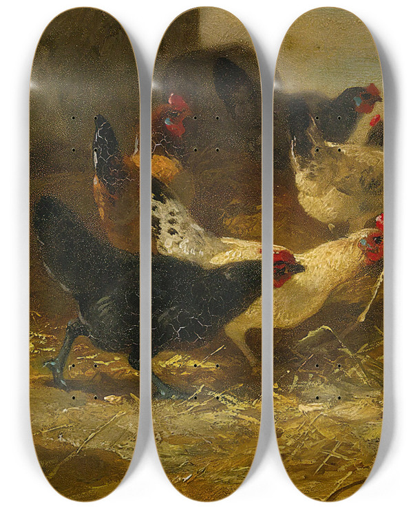Triptych art skateboard deck of Charles Emile Jacque Hens And Cocks by Charles Emile Jacque (1813-1894)