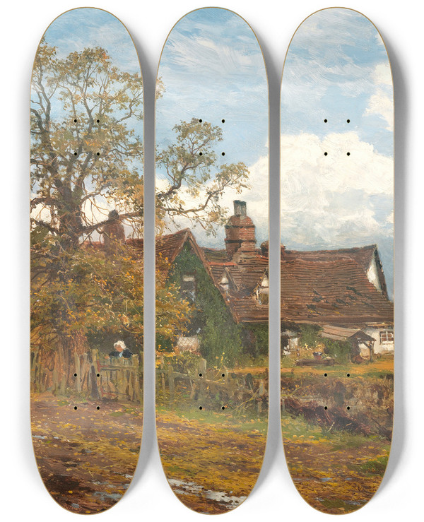 Triptych art skateboard deck of Benjamin Williams Leader An Old Worcester Farm An October Day After Rain by Benjamin Williams Leader (1831-1923)