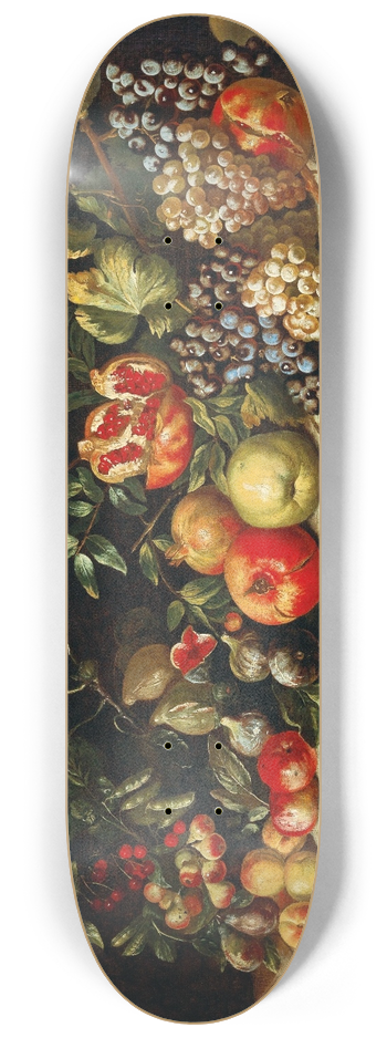 Agostino Verrocchio - Apples, grapes, figs and pomegranates and other fruit on a ledge 8.25 inch art skate deck