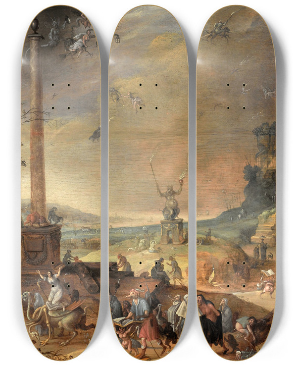 Triptych art skateboard deck of Claes Jacobsz Van Der Heck Witches Sabbath by Claes Jacobsz. van der Heck (1575-1652)