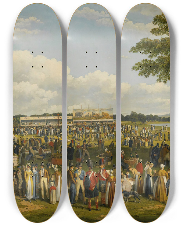 Triptych art skateboard deck of William Turner De Lond Fairground Scene by William Turner De Lond (1820-1837)