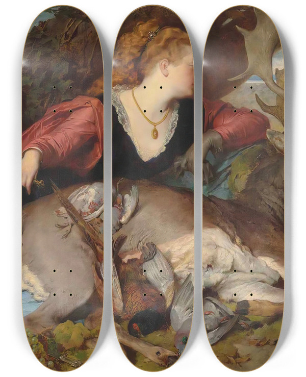 Triptych art skateboard deck of Ferdinand Keller Diana Amongst The Spoils Of The Hunt by Ferdinand Keller (1842-1922)