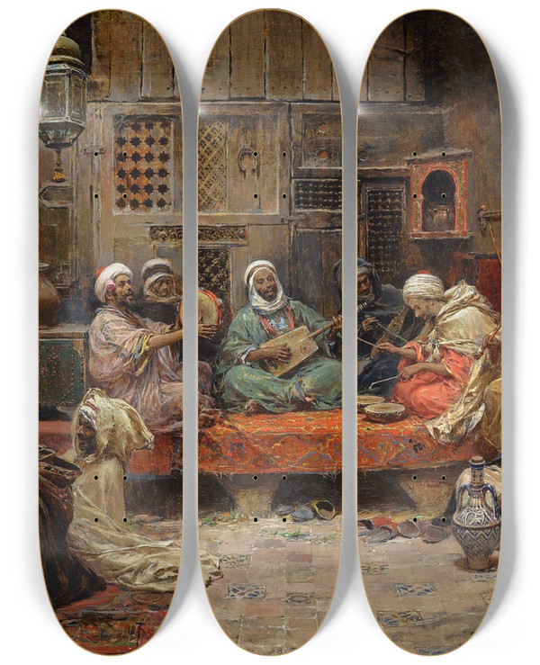 Triptych art skateboard deck of Jos Benlliure Y Gil Inside A Coffee House Tunis by Jose Benlliure Gil (1855-1937)