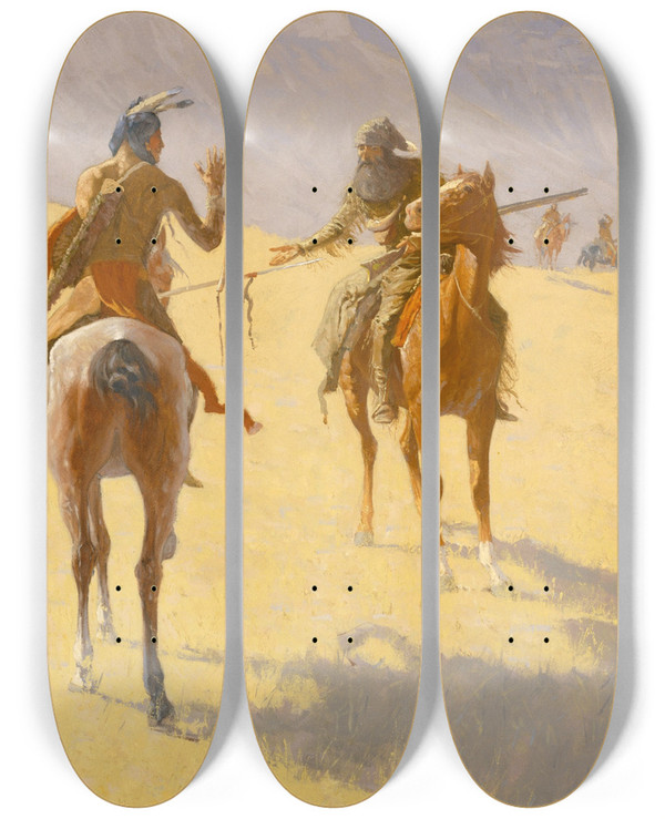 Triptych art skateboard deck of Frederic Remington The Parley by Frederic Remington (1861-1909)
