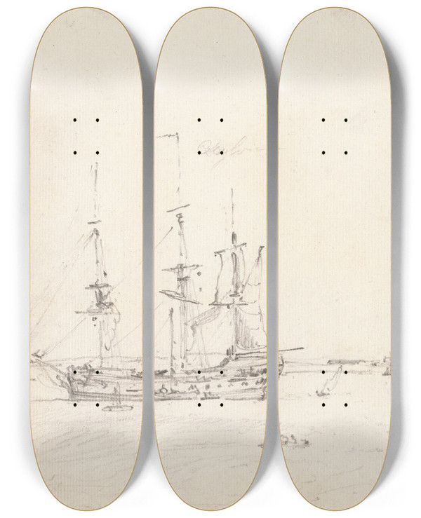 Triptych art skateboard deck of John Constable Four East Indiamen At Archor by John Constable (1776-1837)
