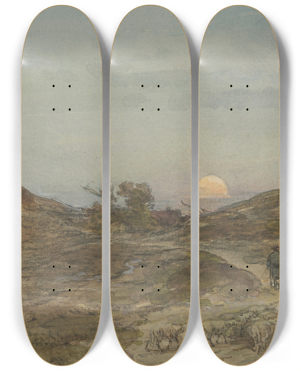 Triptych art skateboard deck of Anton Burger Hohlweg Mit Schafherde Bei Sonnenuntergang by Anton Burger (1824-1905)