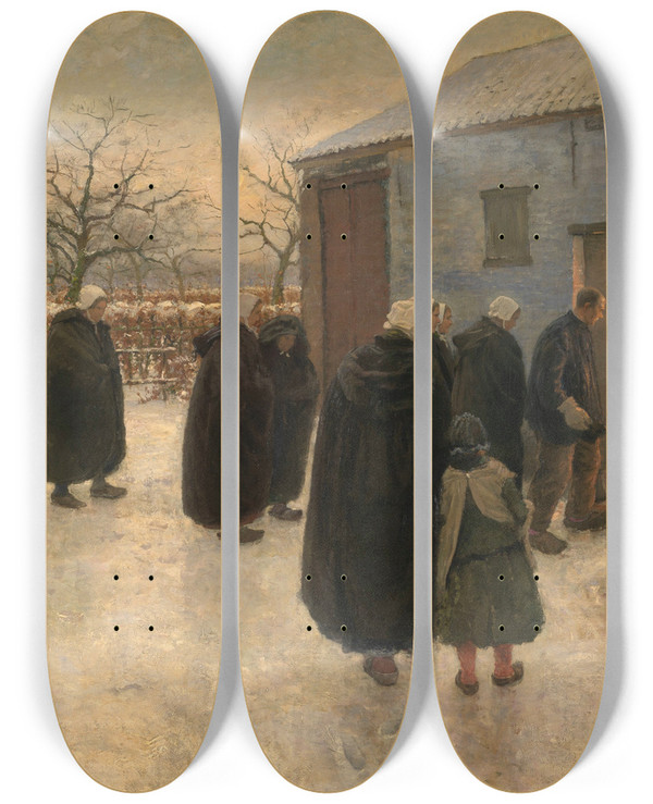 Triptych art skateboard deck of Theodoor Verstraete To The Vigil by Theodoor Verstraete (1850-1907)