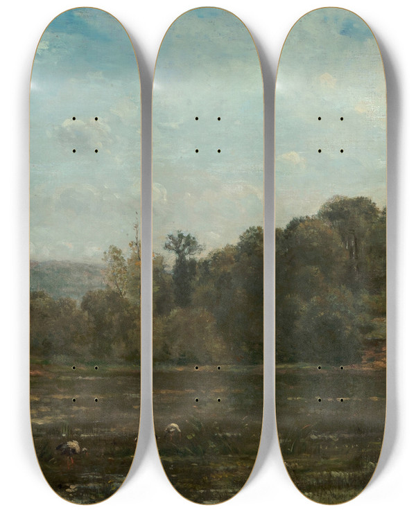 Triptych art skateboard deck of Charles Franois Daubigny Cranes Watering At The Edge Of A Pond by Charles Francois Daubigny (1817-1878)