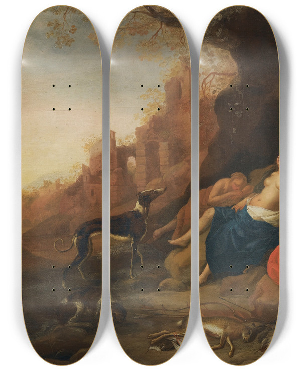 Triptych art skateboard deck of Bartholomeus Breenbergh Diana And Her Nymphs Resting After A Hunt With Two Satyrs Spying On Them_1 by Bartholomeus Breenbergh (1598-1657)