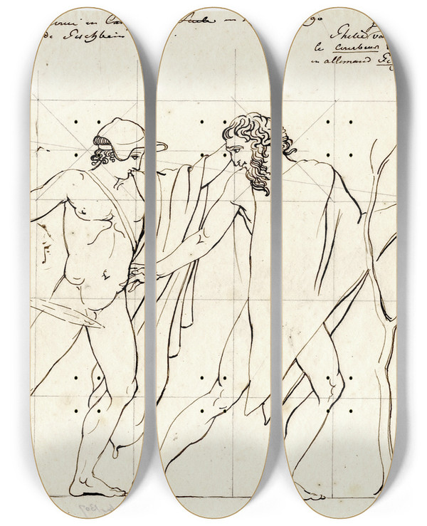 Triptych art skateboard deck of David Humbert De Superville Theseus Fighting The Brigand Sinis After A Greek Vase by David Humbert De Superville (1770-1849)