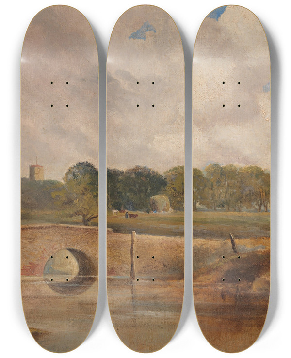 Triptych art skateboard deck of Lionel Constable A Rainbow View Of The Stour by Lionel Constable (1828-1887)