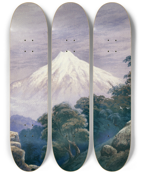 Triptych art skateboard deck of John Hoyte Mt Egmont by John Hoyte