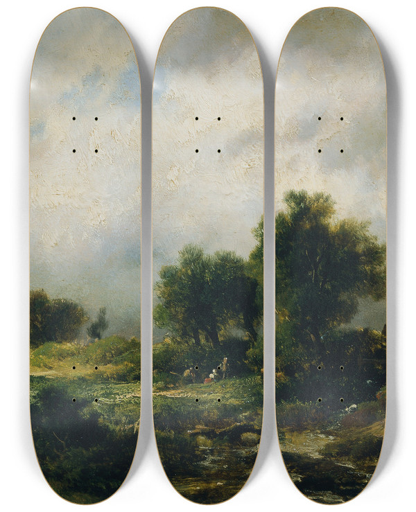 Triptych art skateboard deck of Remigius Adrianus Van Haanen Sommerlandschaft by Remigius Adrianus Van Haanen (1812-1894)