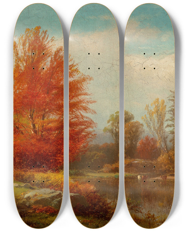 Triptych art skateboard deck of William Hart Autumn_2 by William Hart (1823-1894)