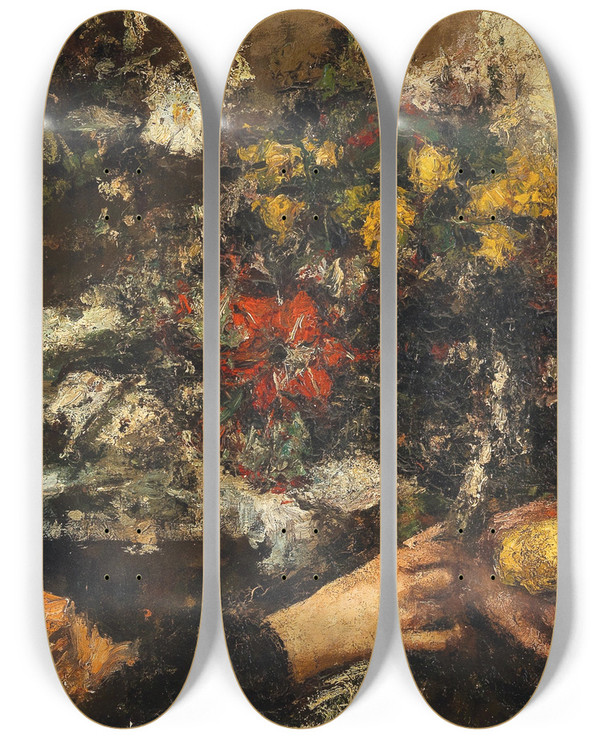 Triptych art skateboard deck of Antonio Mancini The Flower Seller by Antonio Mancini (1852-1930)