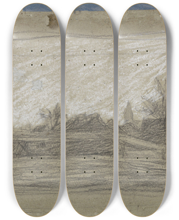 Triptych art skateboard deck of Jan Veth Gezicht Op Een Dorp by Jan Veth (1864-1925)