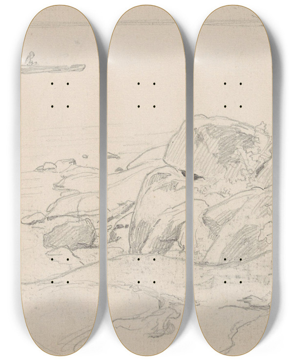Triptych art skateboard deck of Hans Gude Strand Vrengen by Hans Gude (1825-1903)