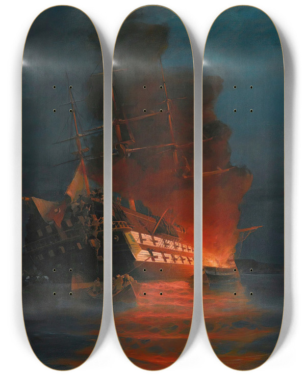 Triptych art skateboard deck of Constantinos Volanakis Burningofa Turkish Flagship by Konstantinos Volanakis (1837-1907)