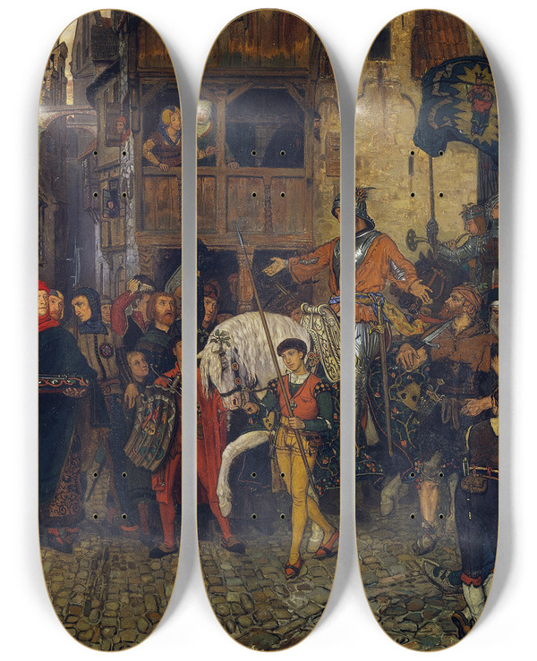 Triptych art skateboard deck of Georg Von Rosen The Entry Of Sten Sture The Elder Into Stockholm by Georg Von Rosen (1843-1923)