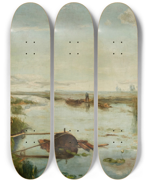 Triptych art skateboard deck of Daniel Ridgway Knight Punts On A River by Daniel Ridgway Knight (1839-1924)