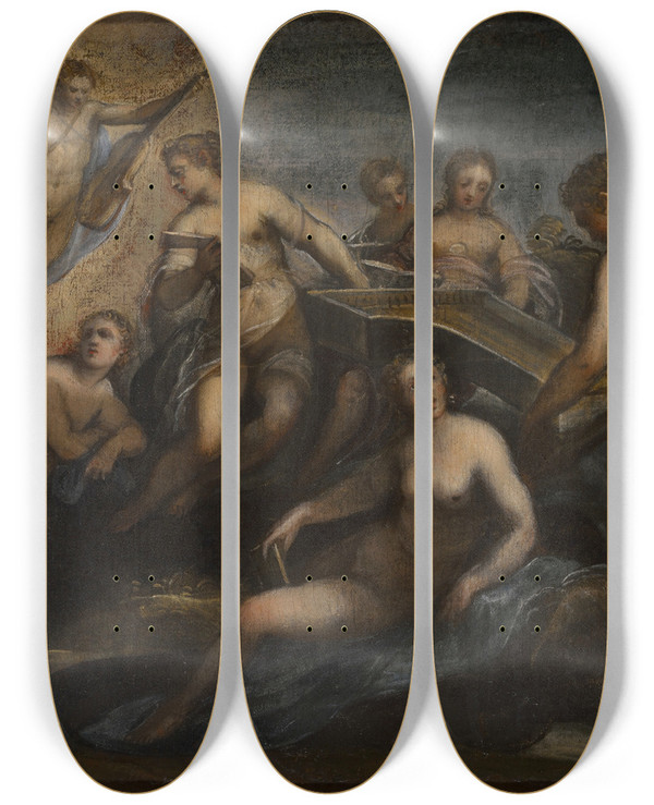 Triptych art skateboard deck of Domenico Tintoretto Apollo And The Muses by Domenico Tintoretto (1560-1635)