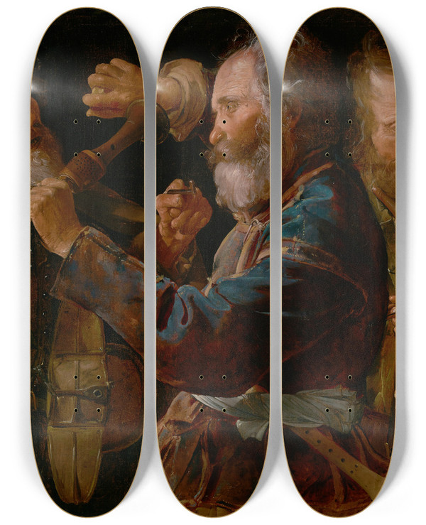 Triptych art skateboard deck of Georges De La Tour The Musicians Brawl by Georges de La Tour (1593-1652)