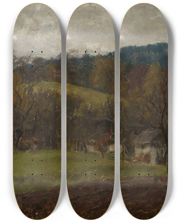 Triptych art skateboard deck of Johann Sperl Autumn Landscape by Johann Sperl (1840-1914)