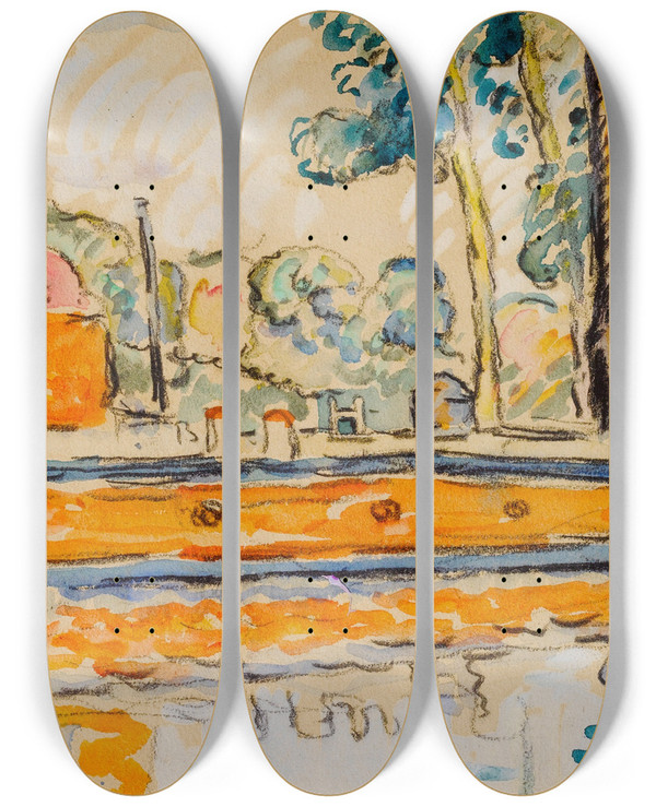 Triptych art skateboard deck of Paul Signac Rivire by Paul Signac (1863-1935)