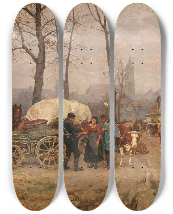 Triptych art skateboard deck of Karl Stuhlmller Herbstlicher Viehmarkt by Karl Stuhlmuller (1859-1930)