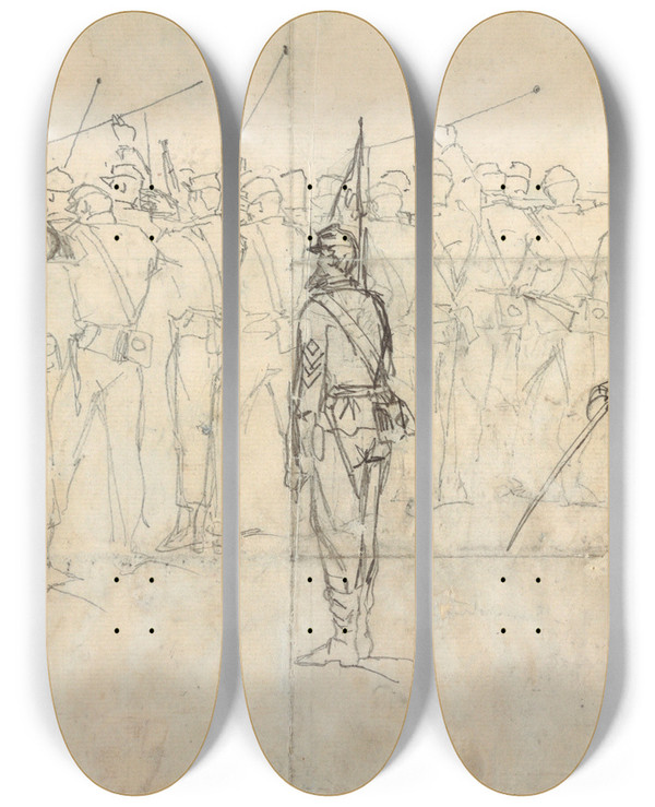 Triptych art skateboard deck of Winslow Homer Infantry Rifle Drill by Winslow Homer (1836-1910)