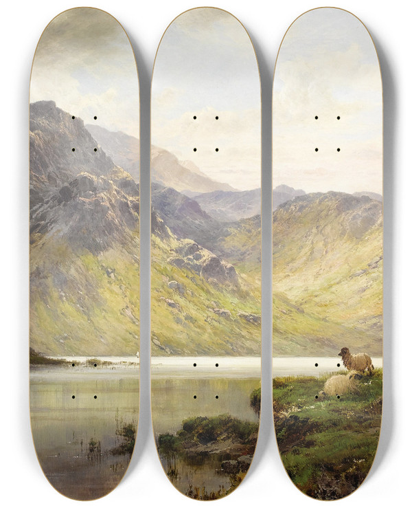 Triptych art skateboard deck of Alfred De Branski Loch Lomond And Loch Katrine by Alfred De Breanski (1852-1928)