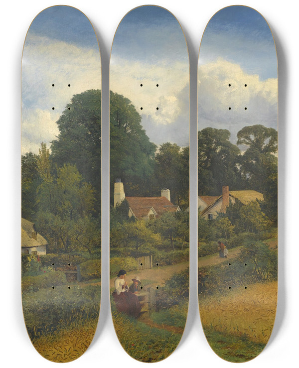 Triptych art skateboard deck of Benjamin Williams Leader The Cottage Homes Of England by Benjamin Williams Leader (1831-1923)
