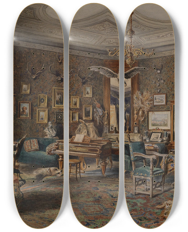 Triptych art skateboard deck of Johann Giovanni Varrone Herrschaftliches Interieur by Johann Giovanni Varrone (1832-1910)