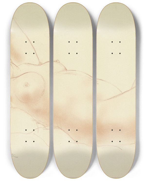 Triptych art skateboard deck of Armand Rassenfosse Reclining Naked Woman Arms Under Head by Armand Rassenfosse (1862-1934)
