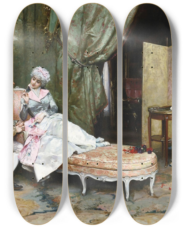 Triptych art skateboard deck of Raimundo De Madrazo Y Garreta Flirtation by Raimundo De Madrazo Y Garreta (1841-1920)