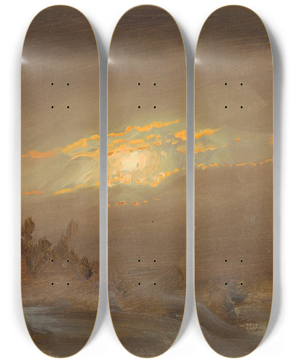 Triptych art skateboard deck of Frederic Edwin Church Winter Landscape At Moonlight by Frederic Edwin Church (1826-1900)
